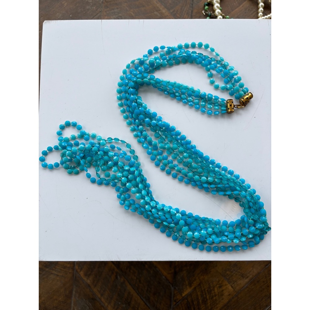 Vintage Beaded Necklace Blue Multi Strand Statement‎ Boho Layered